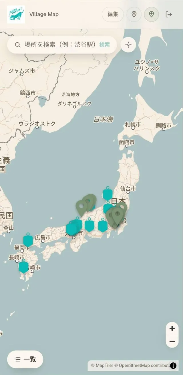 ビレッジマップで全国の村民とスポットを表示した画面